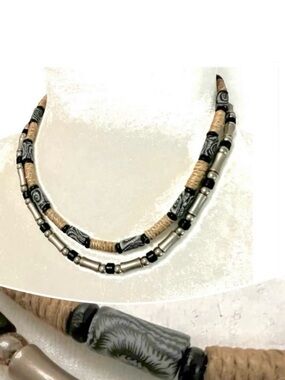 🎁Artisanal Ceramic Silver Blue Grey Beaded Necklace Duo • Tribal Boho